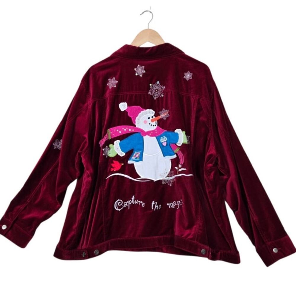 New Quacker Factory "Capture the Magic"‎ Red Velvet Snowman Christmas Jacket Med